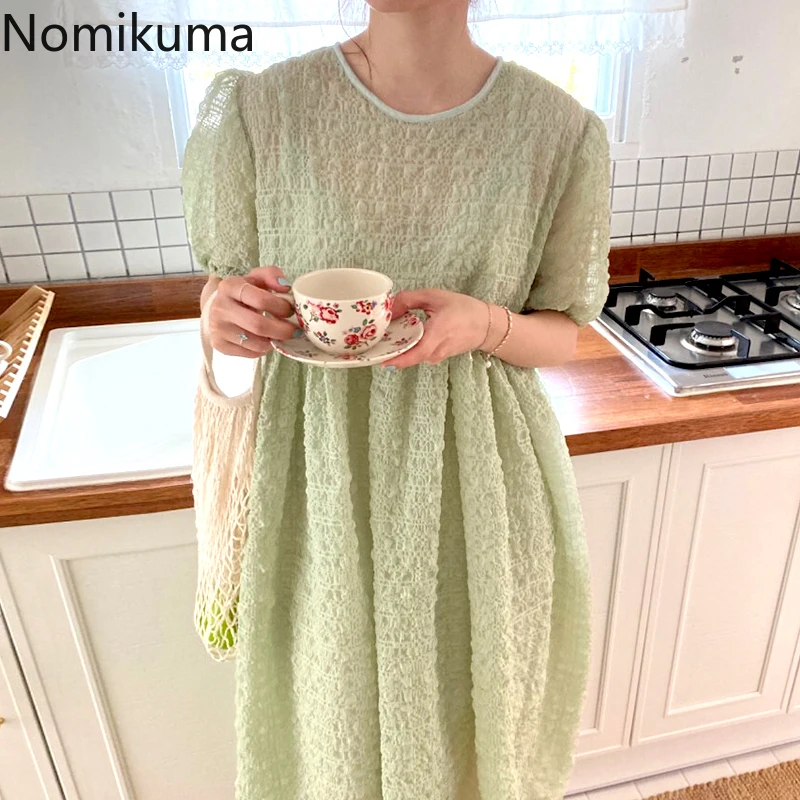 

Nomikuma Robe для корейской шикарное летнее платье женское платье с открытыми плечами, мятый дизайн платье с рукавами-фонариками с завышенной тал...