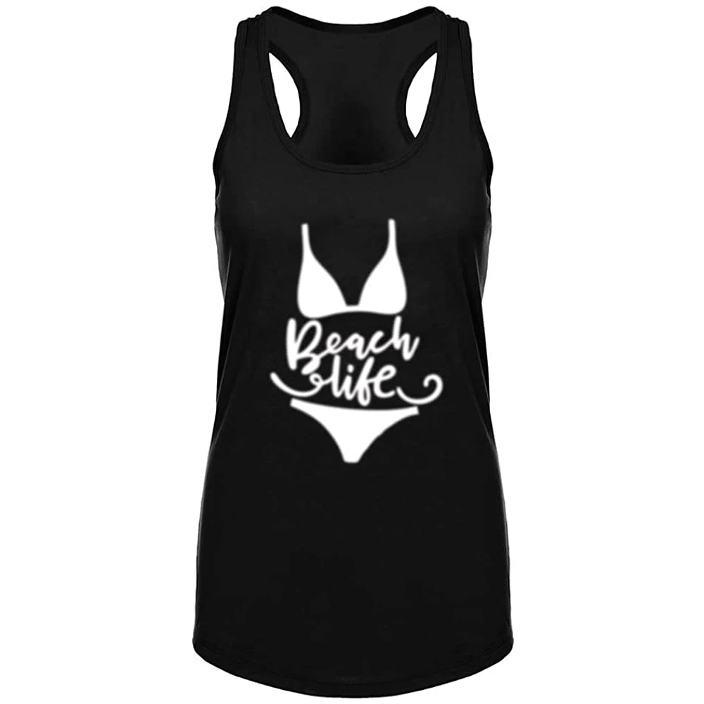 

Lyprerazy Women's Beach Life Bikini Summer Fitness Workout Racerback Tank Tops Summer Funny Letter Print Tank Top