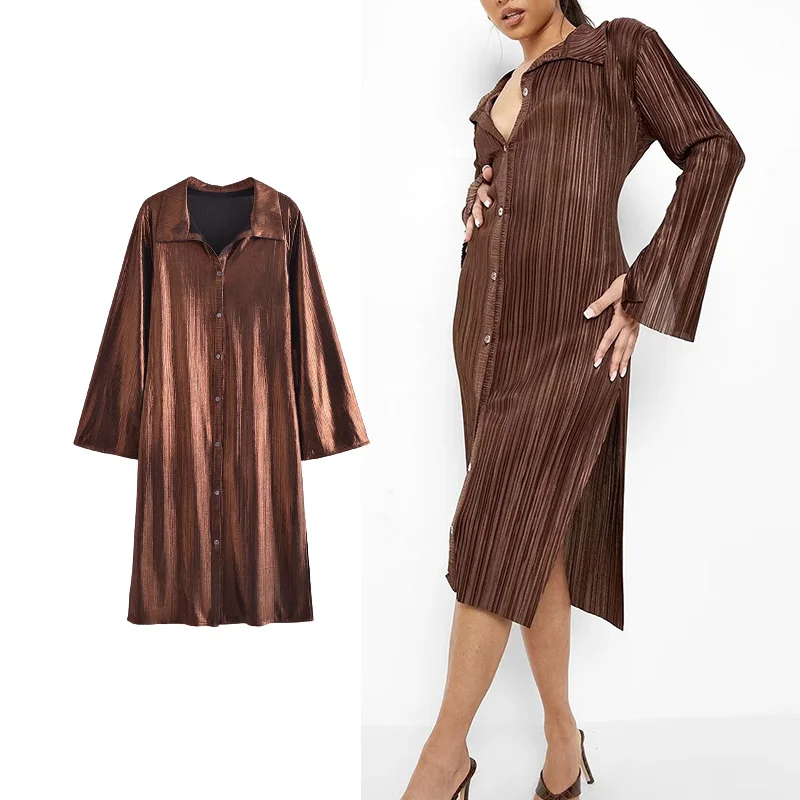 

TRAF Za 2021 Women Dresses Casual New Pleated Straight Long Dress Woman Vintage Long Sleeve Solid Color Female Party Dresses