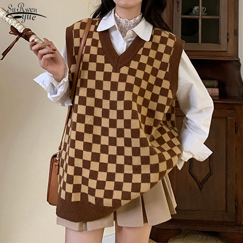 

Осенне-зимний клетчатый свитер, жилеты, винтажный жилет, вязаный свитер, жилет, женские свободные топы, корейский Модный пуловер, Свитера 17719