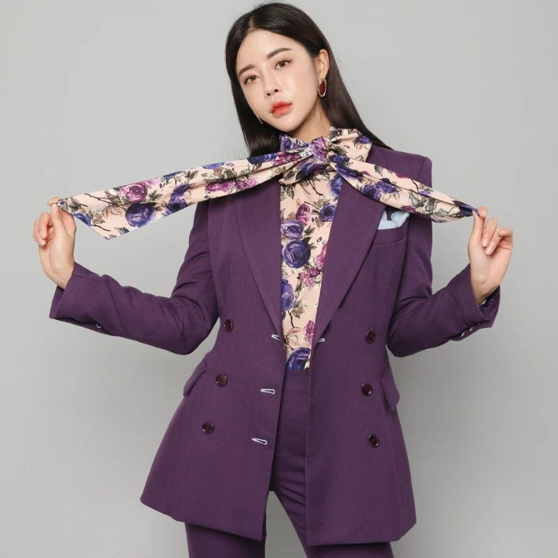 Elegant Double-breasted Purple Women Pant Suit Slim Blazer Set Female Workwear Trouser 2020 Autumn sweatsuit | Женская одежда