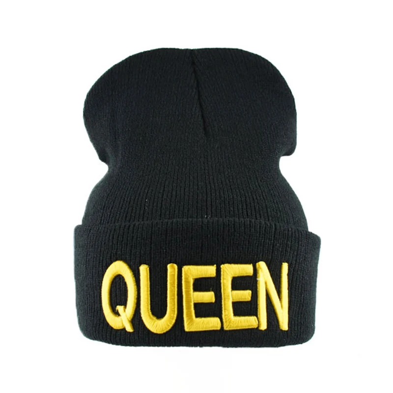 Knitted QUEEN Yellow Зимние вязаные шапки для женщин, шапки с надписью KING QUEEN, шапка в стиле хип-хоп для девушек, осенняя женская теплая бини, Повседневная шапка - Цвет: Knitted QUEEN Yellow