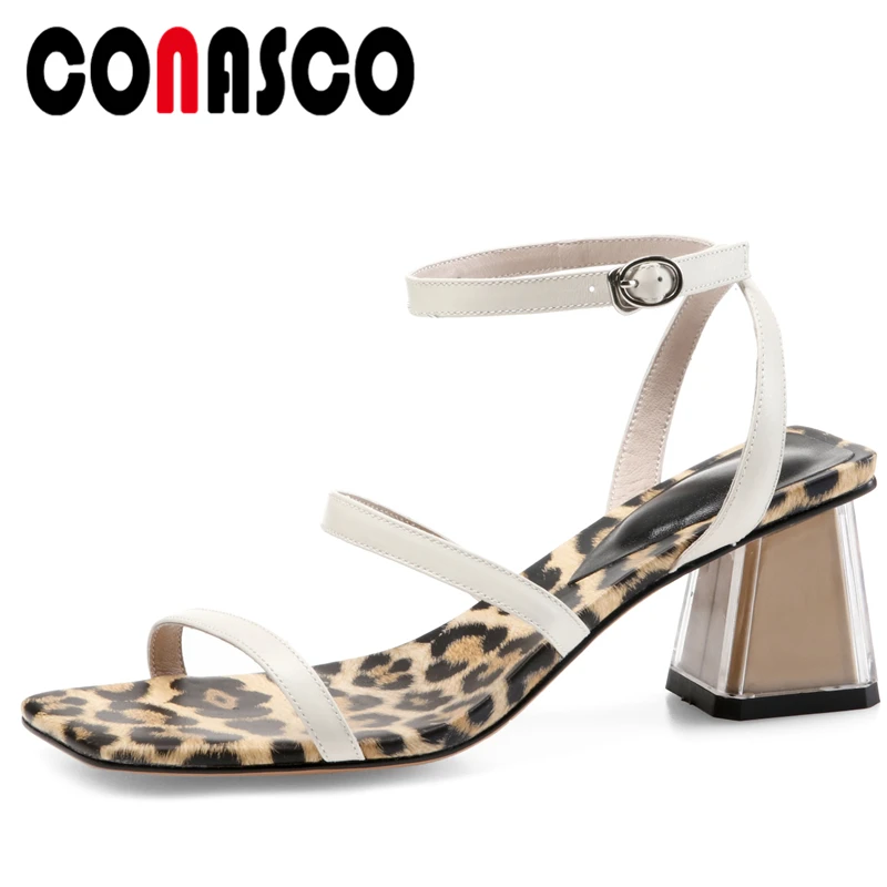 

CONASCO Genuine Leather Women Sandals Pumps High Heels Summer New Fashion Sexy Leopard Rome Style Concise Casual Shoes Woman