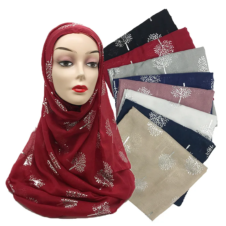 

2020 women plain cotton muslim scarf Head hijab wrap glitter leaves solid full cover-up shawls foulard femme hijabs store