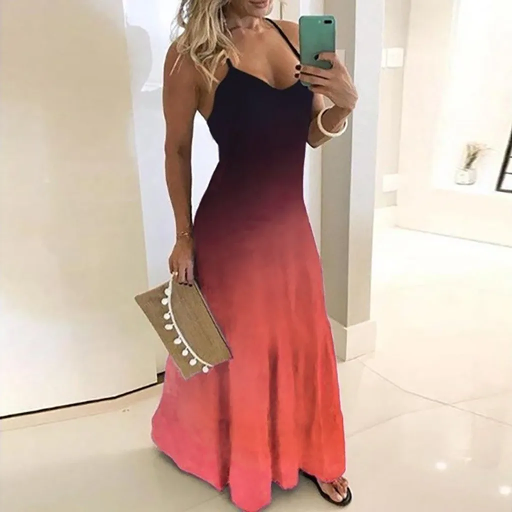 Женское длинное платье с О образным вырезом без рукавов крашеное градиентный