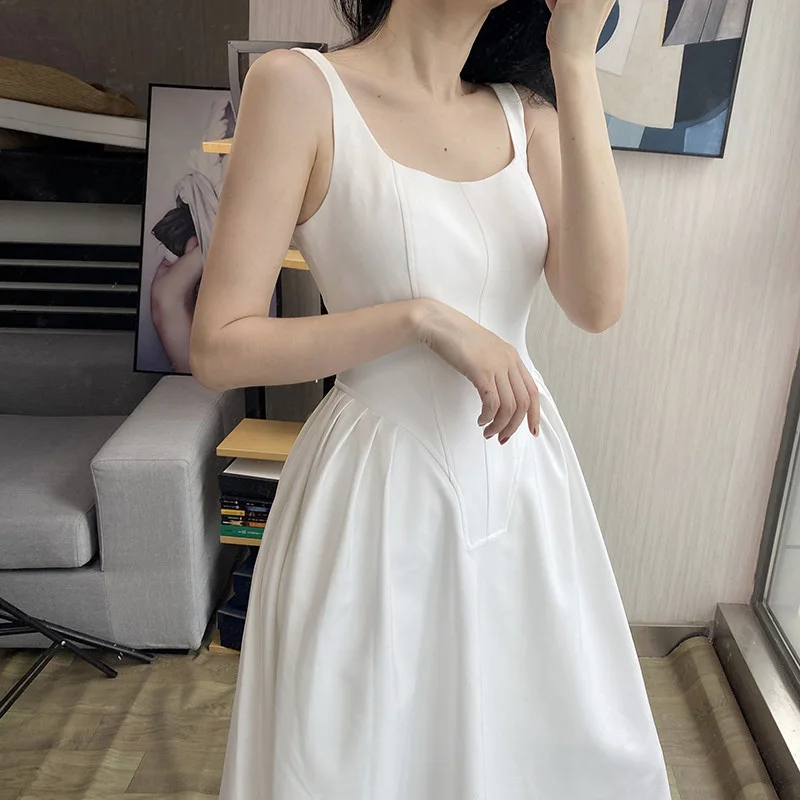 

DEAT Women White Sexy Ball Gown Knee Length Dress New Square Neck Sleeveless Loose Fit Fashion Tide Spring Summer 2021 GX891