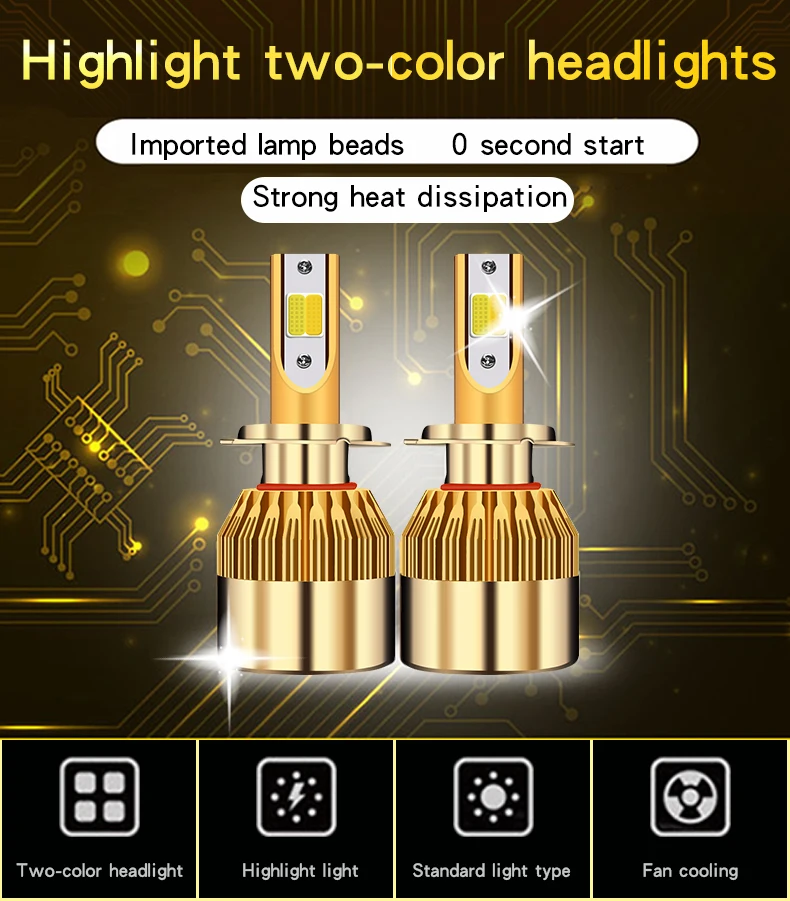 2 шт. Трехцветная автомобильная лампа H4 LED H7 H1 D2S H11 9006 HB4 881 12 В Автомобильная фара