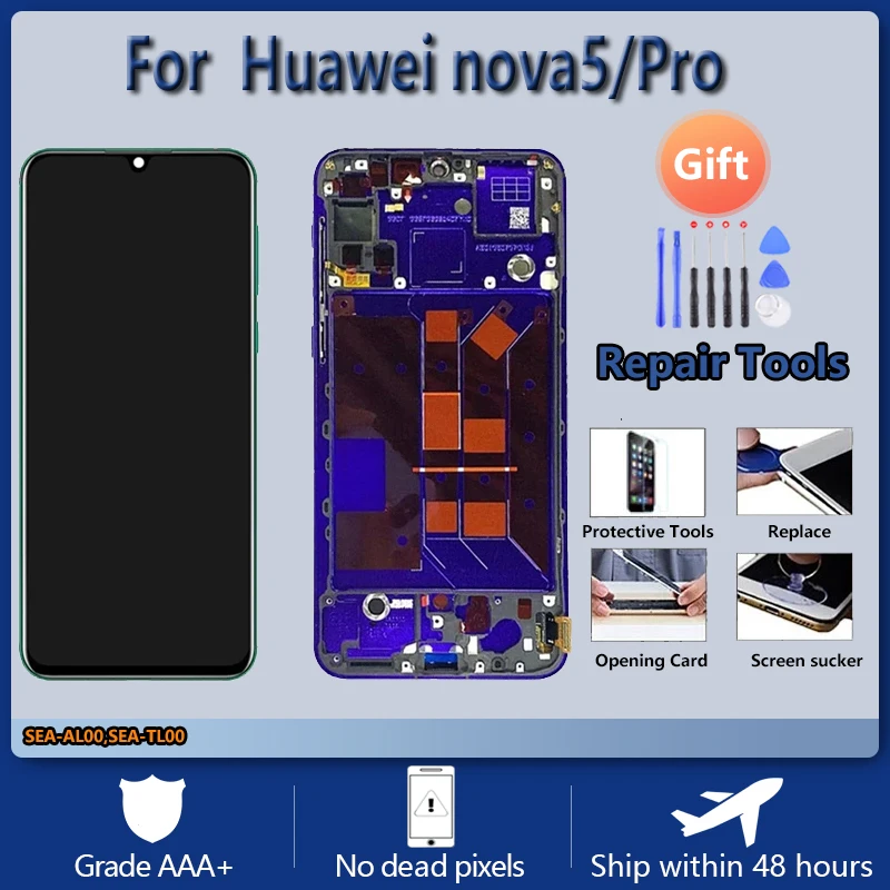 

ЖК-экран в сборе с передним корпусом и сенсорным стеклом для Huawei nova 5 5pro, с деталями для ремонта, ЖК-дисплей