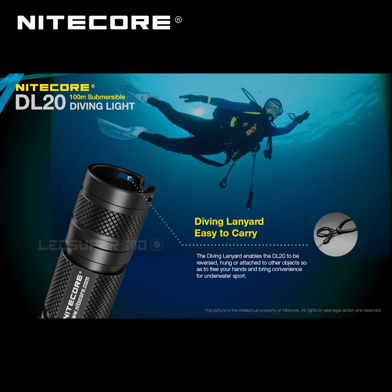 100 метров погружной ультра водонепроницаемый фонарик NITECORE DL20 1000 Люмен двойной источник света для подводного спорта