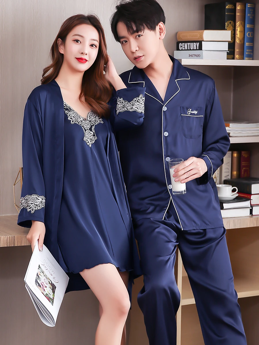 Housecoat  Couple Silk Pajamas Set Men Male Autumn Sleepwears Pyjama 2PCS Home Clothes Pijamas Para Parejas Shirt Trousers Pants