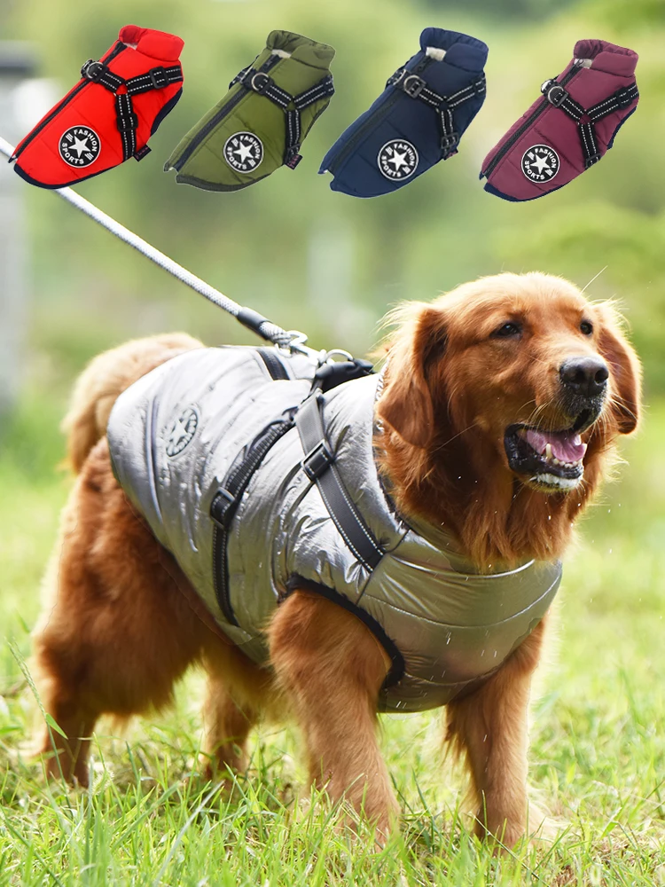 

Winter Warm Dog Clothes Large Pet Jacket With Harness Waterproof For Labrador Big Dogs Coat Chihuahua French Bulldog Clothing