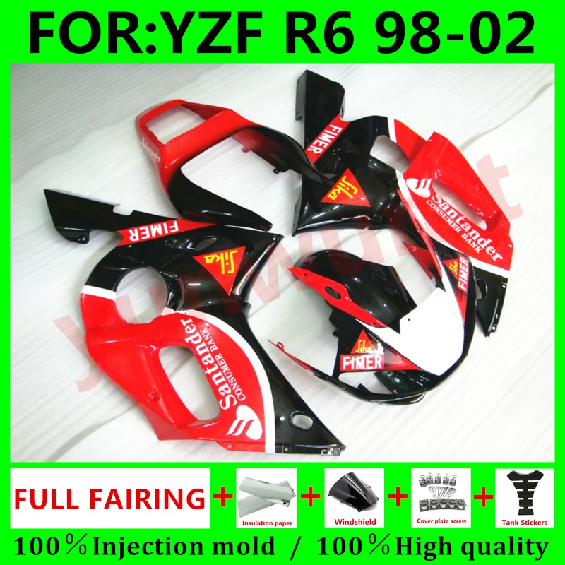 

Обтекатели из АБС-пластика для мотоцикла, Обтекатели для кузова Yamaha YZF R6 1999 2000 2001, полный комплект обтекателей R6 98 99 00 01 02, красный, черный