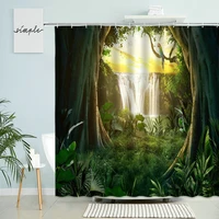 tropical jungle shower curtain natural scenery landscape bathroom waterfall parrot bird green plants leaf waterproof curtains