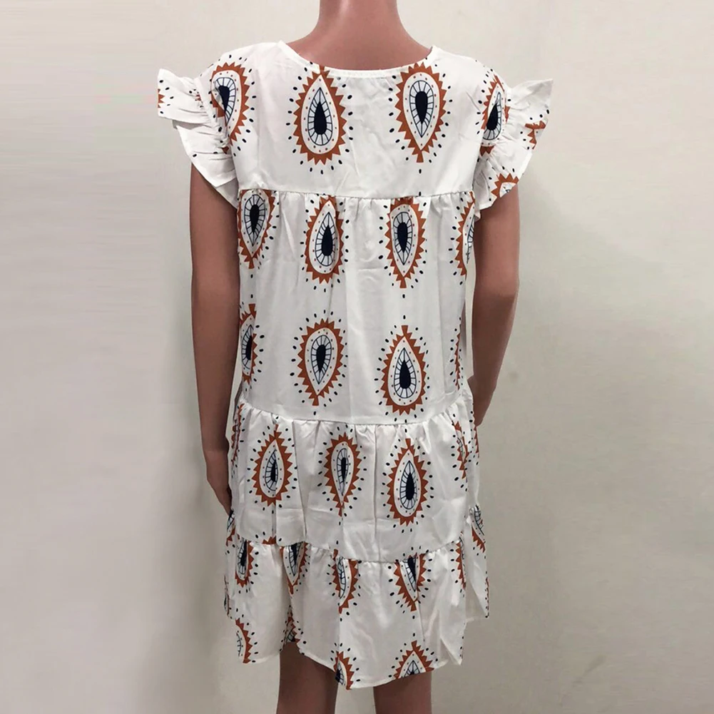 

Fashion Women Ruffled Short Sleeve Water Drops Print Party Mini A Line Dress