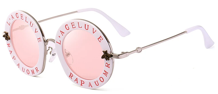 white pink Ретро Круглые Солнцезащитные очки женские брендовые дизайнерские английские буквы пчела металлическая оправа Круглые Солнцезащитные очки для женщин - Цвет линз: white pink