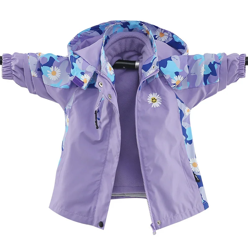 

Girls 3 in1 Windproof Jacket Children's Outdoor Hooded Windbreaker Detachable Jacket Warm Polar Fleece Camping Skiing Rain Coat