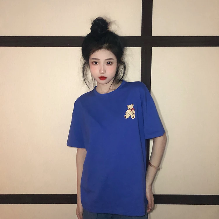 

2507 super fire bear embroidery vintage sense loose base and age-reducing short-sleeved T-shirt