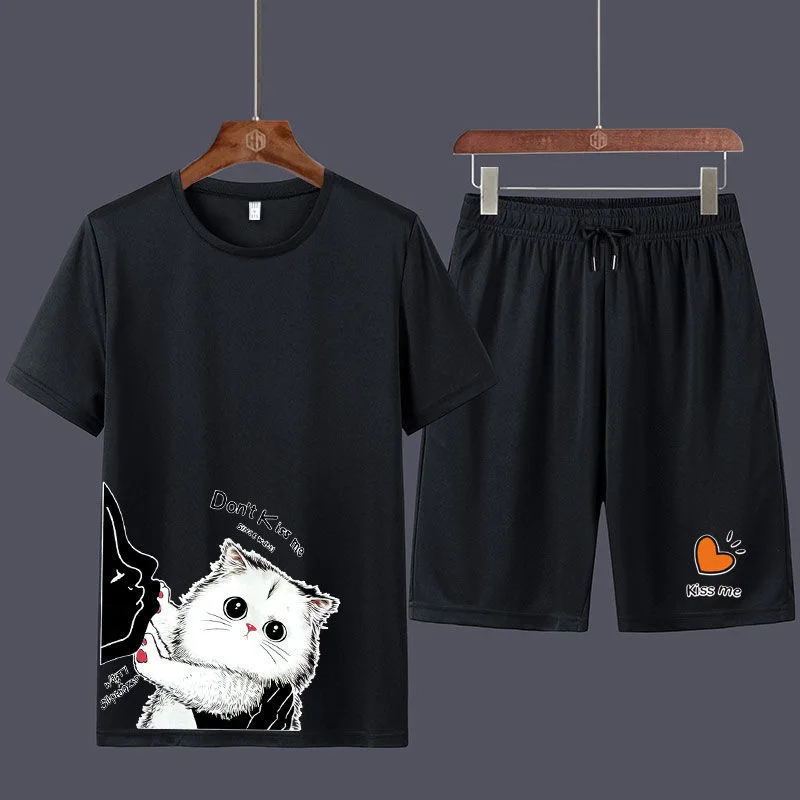 

2021 New Men Casual Set Fashion 2 PCS Sweat Suit Two Piece Quick Drying Clothes Ice Thin Casual Short Sleeve Shorts Summer