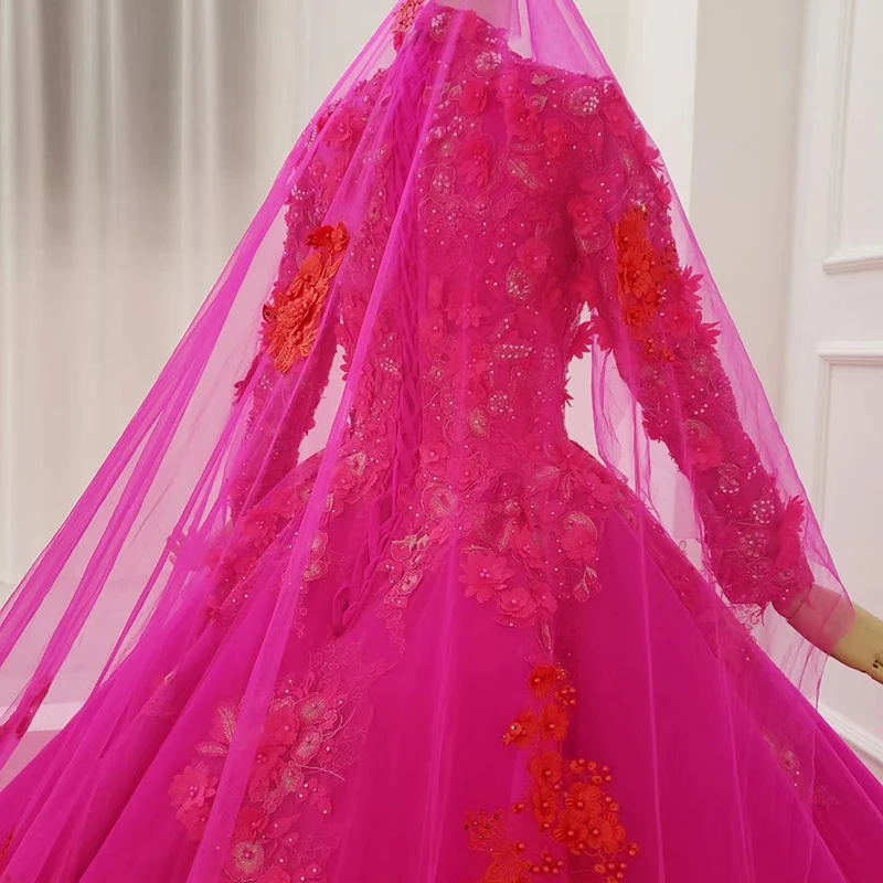 

3d Flowers Wedding Dress Muslim Long Sleeve High Neck Color Bridal Dress With Wedding Veil Rose Pink Vestido De Novia Vintage