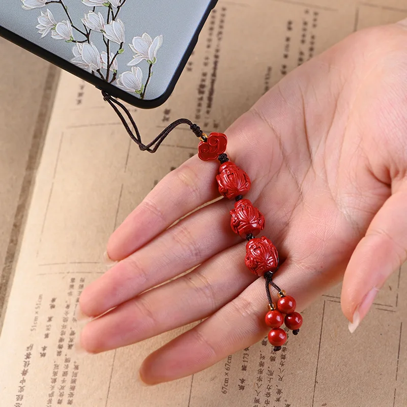 

Chinese element creative original ore cinnabar Fu Lu Shou mobile phone chain small pendant car key chain bag pendant unisex