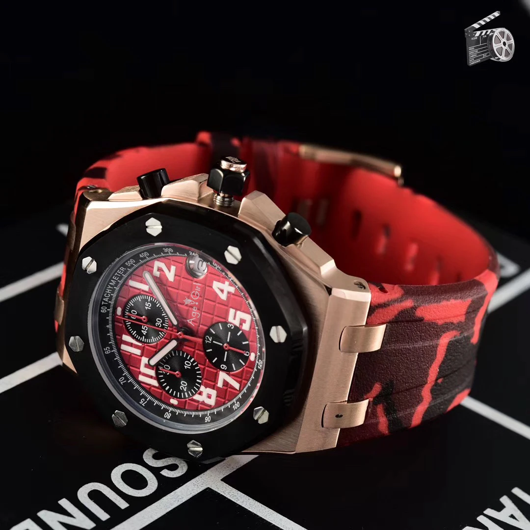 

Classic New Men Chronograph Rose Gold Black Red Limited Silver Rubber Stainless Steel Watch Luminous Sport Stopwatch AAA+