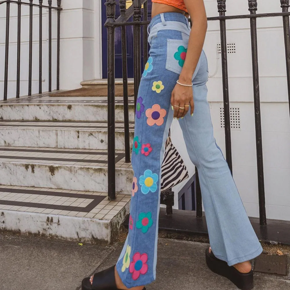 

Patch Designs Embroidery Flore Jeans Sweet Patchwork Denim Flare Trousers Casual High Waisted Wide Leg Pants Women 2021