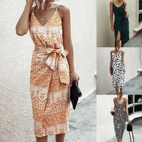 hot sales women dress leopard print split summer sleeveless tie waist skirt for beach