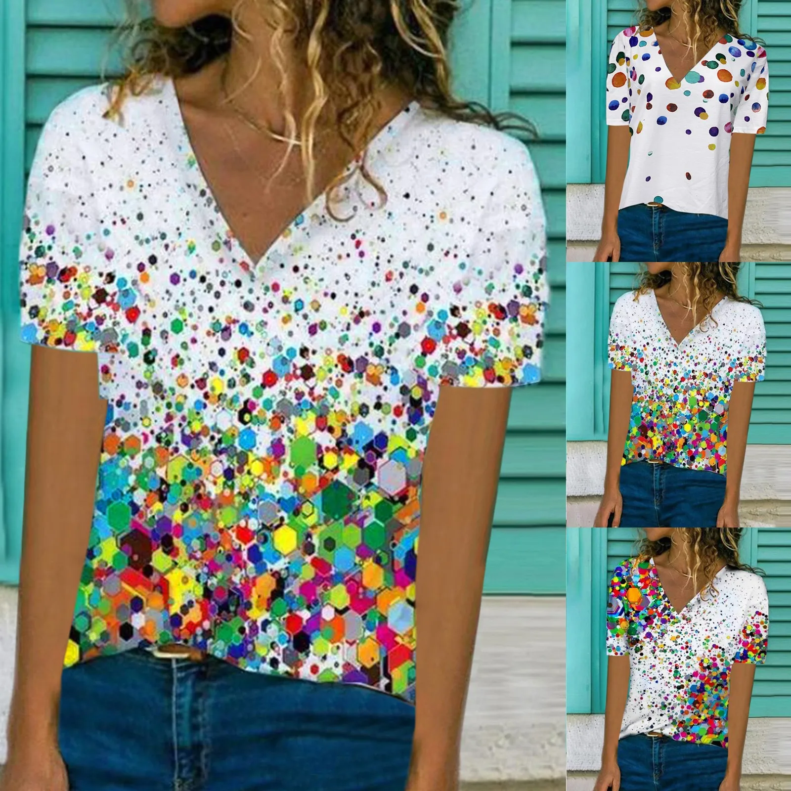 

Fashion Polka Dot Print Blouse Shirt Loose V-Neck Tops Tee Summer Casual Ladies Tops Female Women Short Sleeve Blusas Pullover