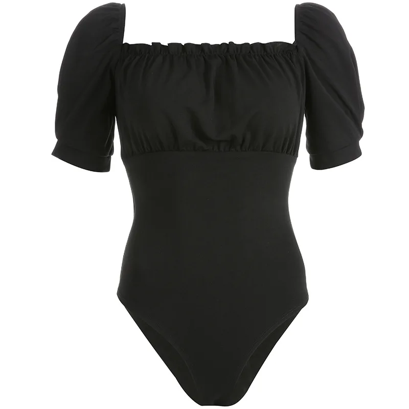 

Paris Girl Spring Summer Fashion Square Collar Puff Sleeve Bodysuit Long-Sleeved Backless Lace Up Sexy Slim Jumpsuit Women