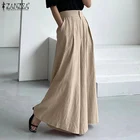 Элегантные плиссированные брюки, женские широкие брюки ZANZEA 2021, повседневные длинные брюки с завышенной талией, однотонные женские брюки палаццо большого размера с резьбой