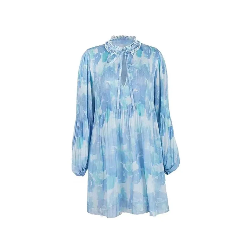 

Ete 2021 Summer Woman Dress Tie Dye Blue Elegant Fairy Skirt Beach Mini Plus Size Kpop Clothes Casual Long Sleeve Robe Vestidos