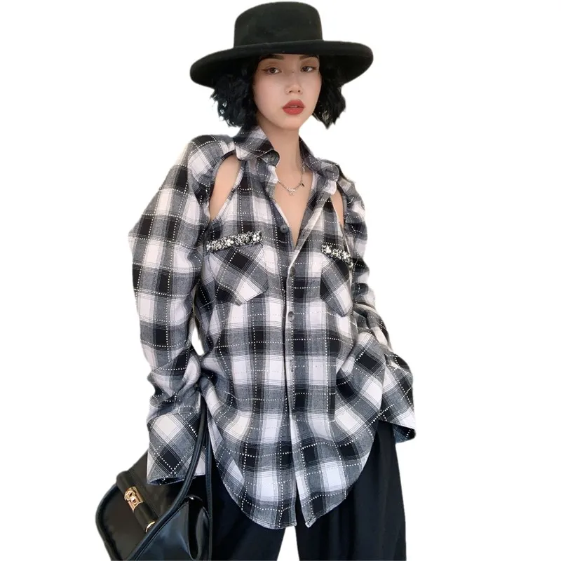 

Yuerwang женская рубашка Асимметричная ажурная клетчатая блузка с длинным рукавом Асимметричная винтажная Повседневная Свободная длинная руб...