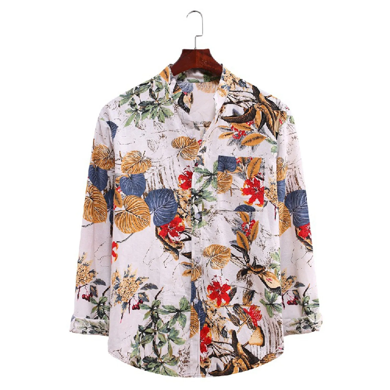 Рубашка Мужская льняная с длинным рукавом воротником-стойкой и пуговицами |