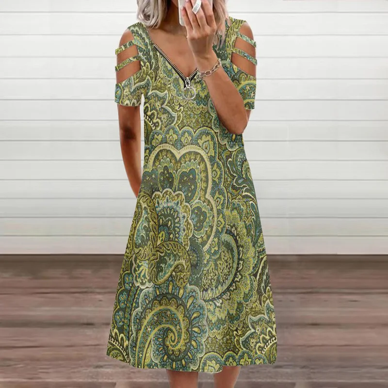 

Women V Neck Hollow Out Patchwork Dress Summer Floral Print Casual Holiday Dress Elegant Lady Zipper Loose Oversized XXXL Dress