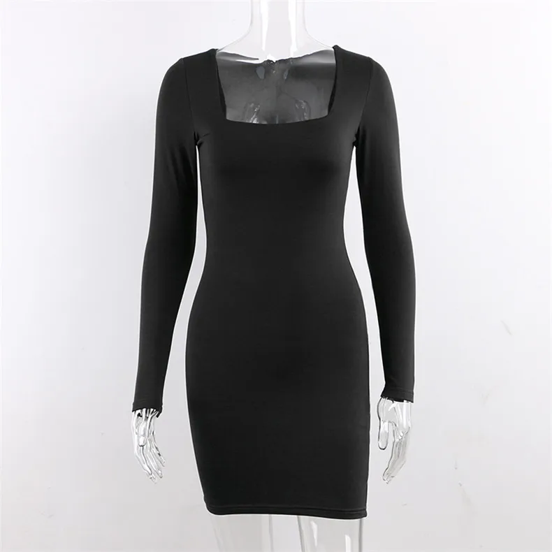 Forefair Long Sleeve Sexy Bodycon Dress Women Club Autumn Basic Solid Square Neck White Red Black Woman Mini Dress Winter