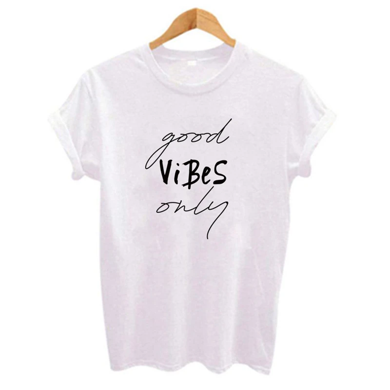 

Female Letter Print Independence Day T-shirt Only Good Vibes Tees Women Summer Slim Kawaii T Shirt Polyester High Quality