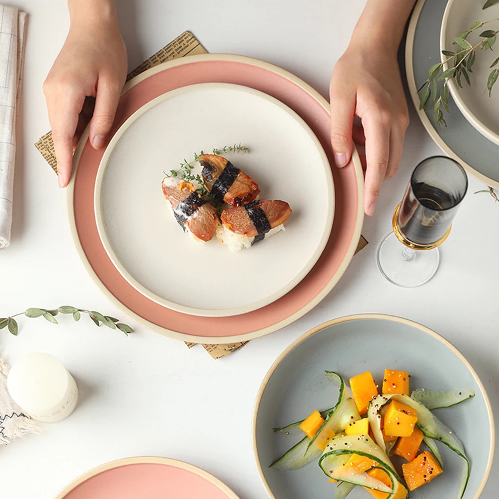 

Японский Стиль круглый Однотонная одежда матовая керамическая тарелка для еды Нескользящая пластина для микроволновой печи посудомоечной...