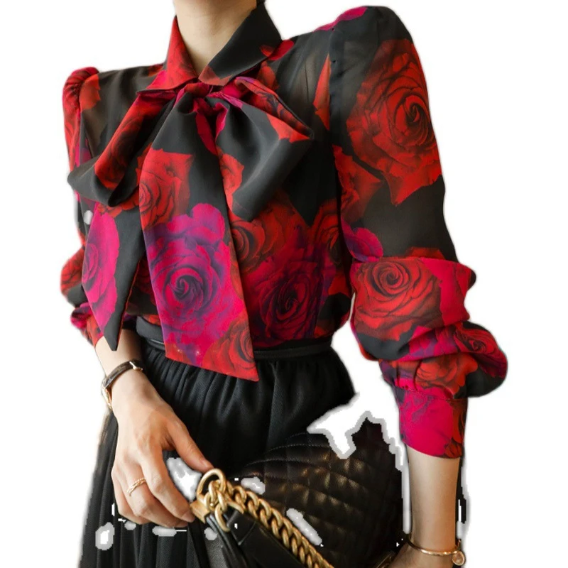 

New Fashion Women Casual Chiffon Blouse Shirt Floral Print Puff Sleeve Bowknot Button Design Shirt