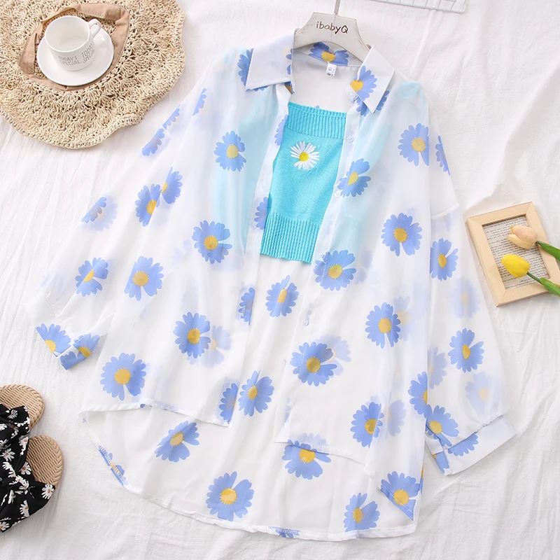 

OUMEA Women Summer Chiffon Shirts For Women 2020 Fashion Long Sleeve Daisy Floral Print Femme Loose Shirts Buttons Plus Size New
