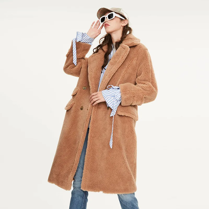 Женское пальто из искусственного меха длинное с плюшевым мишкой женская одежда