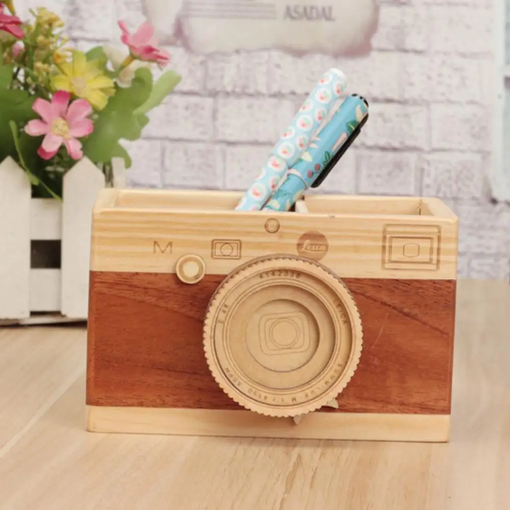 

Pencil Holder Camera-shaped Concise Wood Especial Pen Container for Office