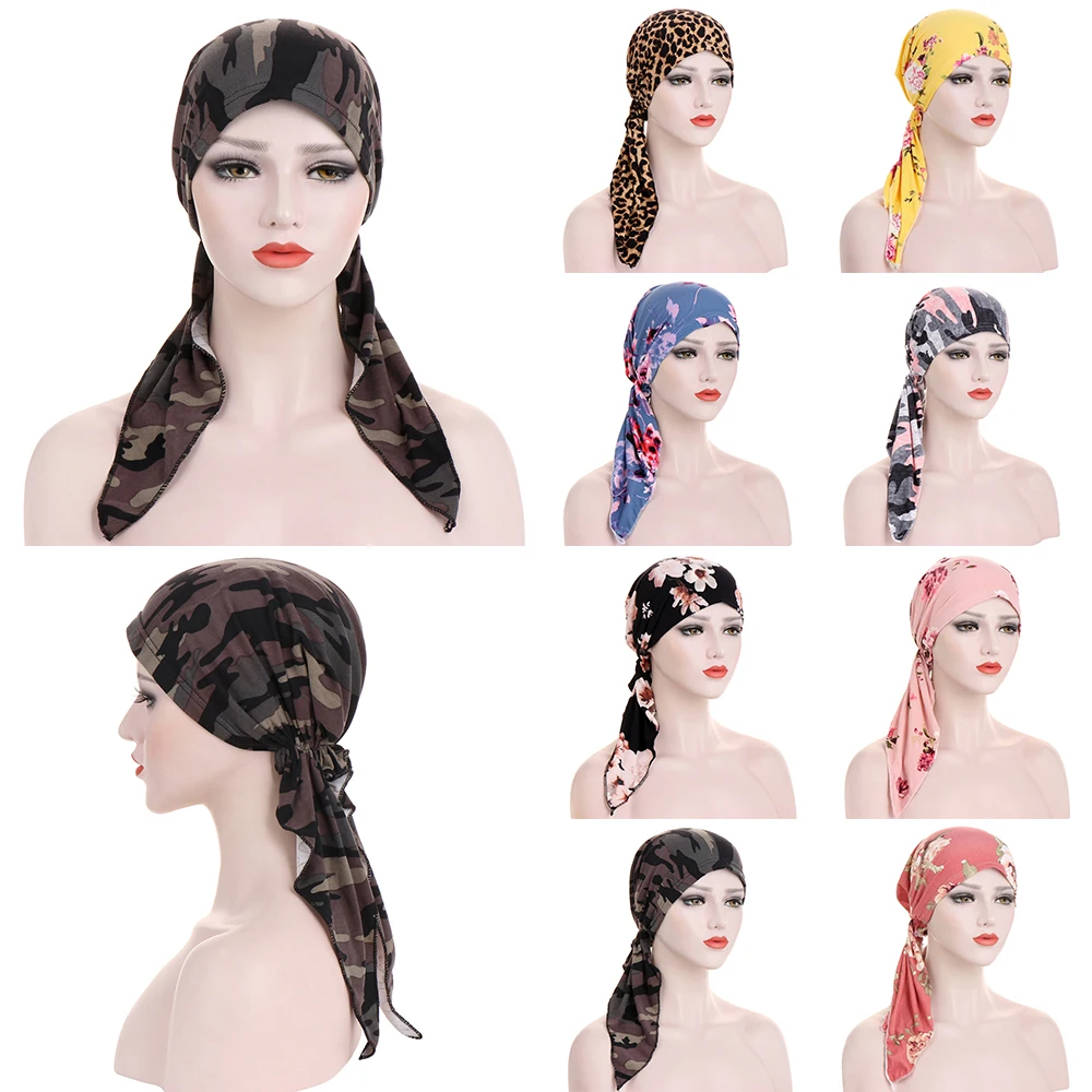 

Helisopus Muslim Women Soft Turban Hat Pre-Tied Head Scarf Printed Ladiess Chemo Cap Ready To Wear Inner Hijabs Hair Accessories