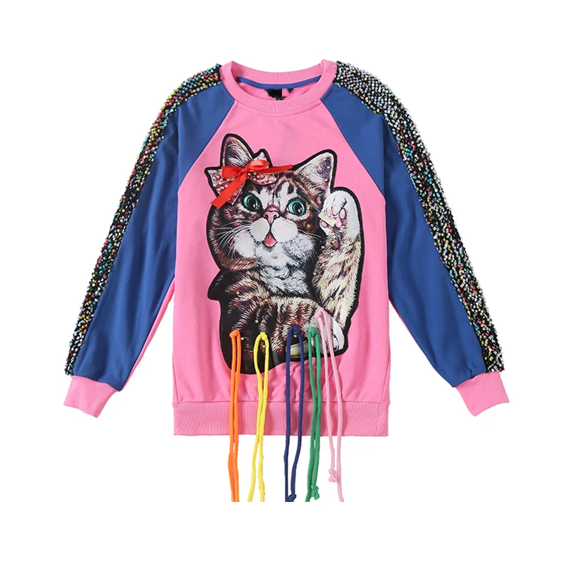 

Plus Size Casual Loose Blouse Pullover Top Autumn Spring O Neck Sequins Full Sleeve Cartoon Pattern Women Sweatshirt SL560