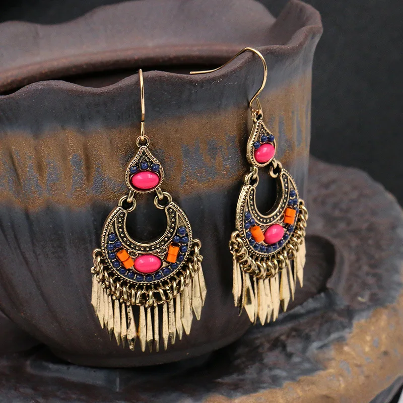 Богемные винтажные этнические длинные висячие серьги с синими бусинами золотые