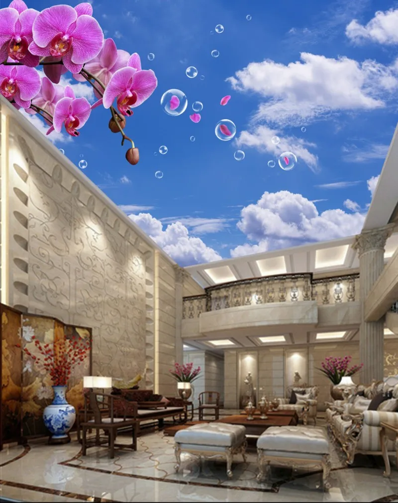 Фэнтези Орхидея Облако Цветок потолочные фрески 3d обои синие потолки|Обои| |