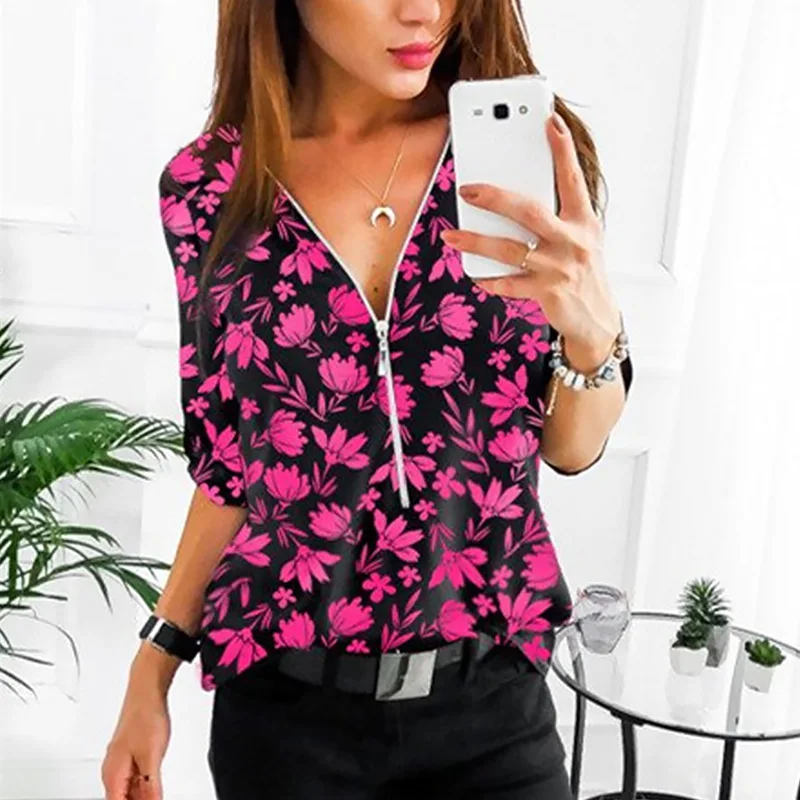 Новинка модная женская блуза с v-образным вырезом на молнии принтом рубашки для