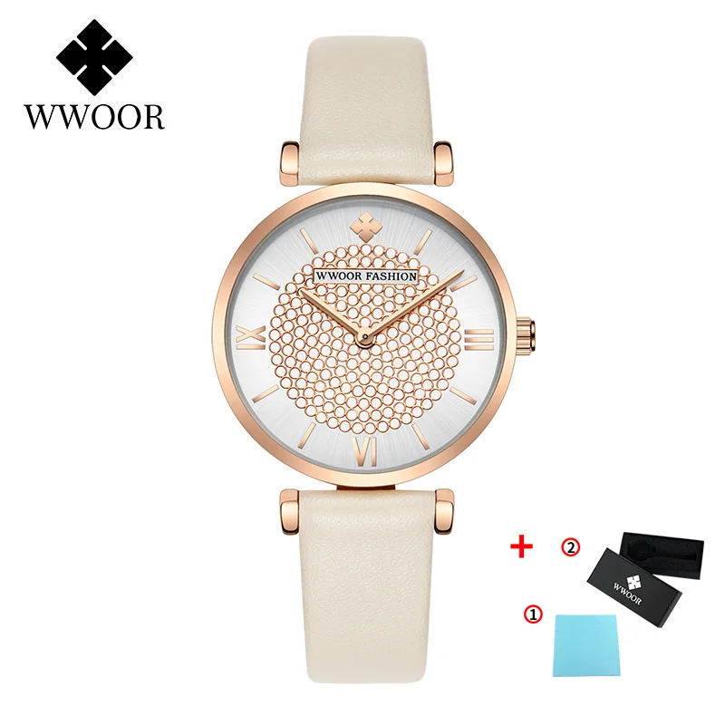 

WWOOR Women's Watches Fashion Sports White Genuine Leather Quartz Watch Ladies Top Luxury Diamond Wrist Watch Montre Femme 2020