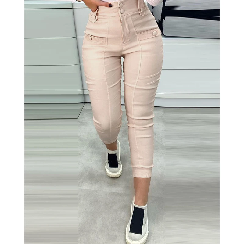 

High Waist Casual Trouser Women Solid Light Pink 2021 Autumn Harajuku Streetwear Button Skinny Lady Slim Tight Full Pant SJ8407R