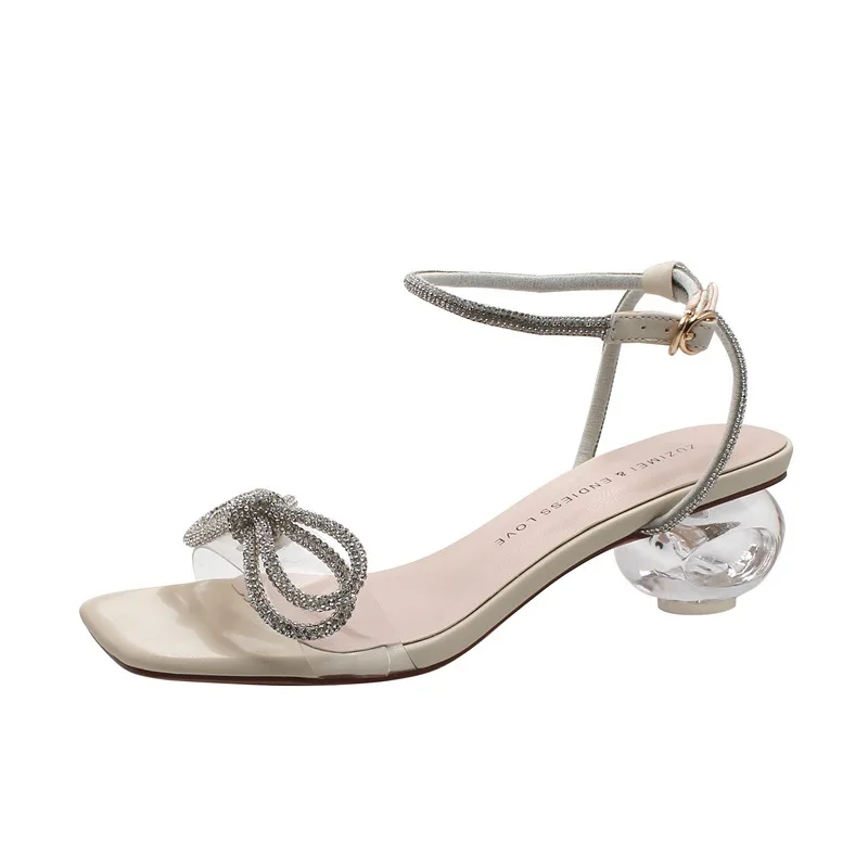 

sandals fairy style 2021 summer new bowknot middle heel temperament fashion shoes one line buckle