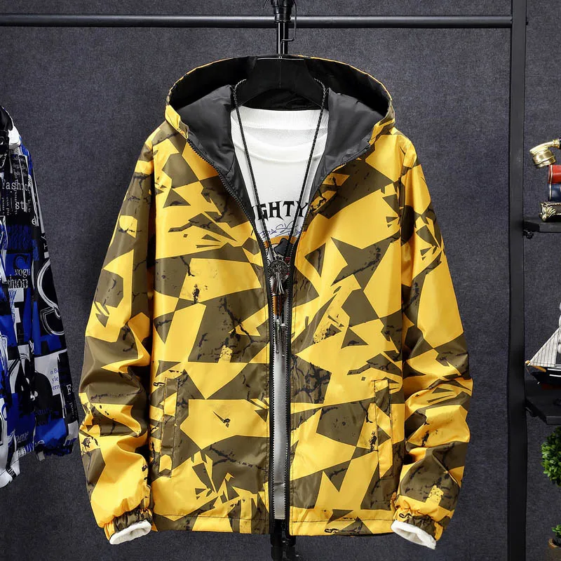 Geometric Yellow Мужские ветровки модная куртка тонкие куртки с капюшоном Мужская одежда с буквами Большие размеры 5XL 6XL 7XL - Цвет: Geometric Yellow